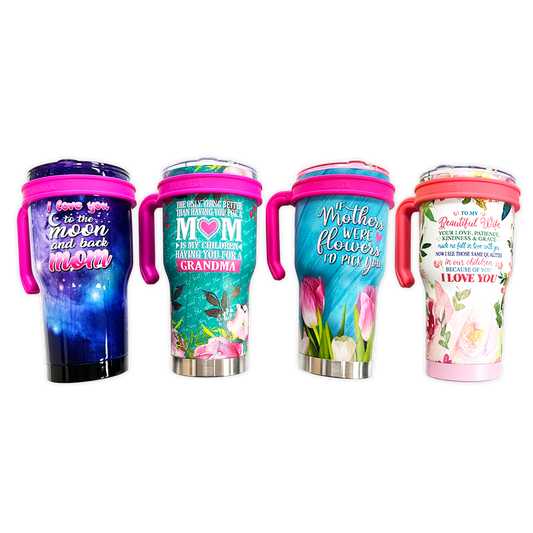 Insulated 30 oz Cup with Handle Mom Theme Assortment- 4/Pack