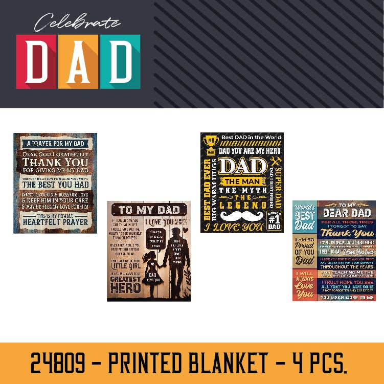 50 x 60 JUMBO Plush Blanket Father's Day Assortment- 4/Pack
