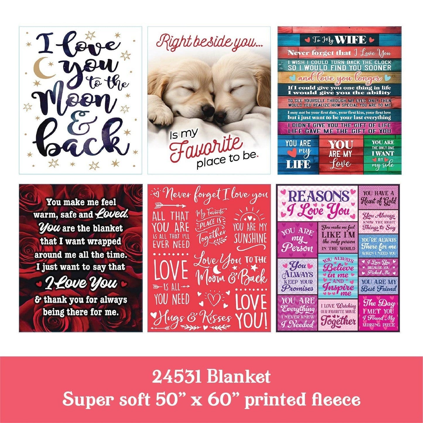 Jumbo Plush Fleece Blanket 50 x 60 LOVE Assortment- 6/Pack
