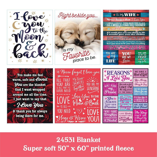Jumbo Plush Fleece Blanket 50 x 60 LOVE Assortment- 6/Pack
